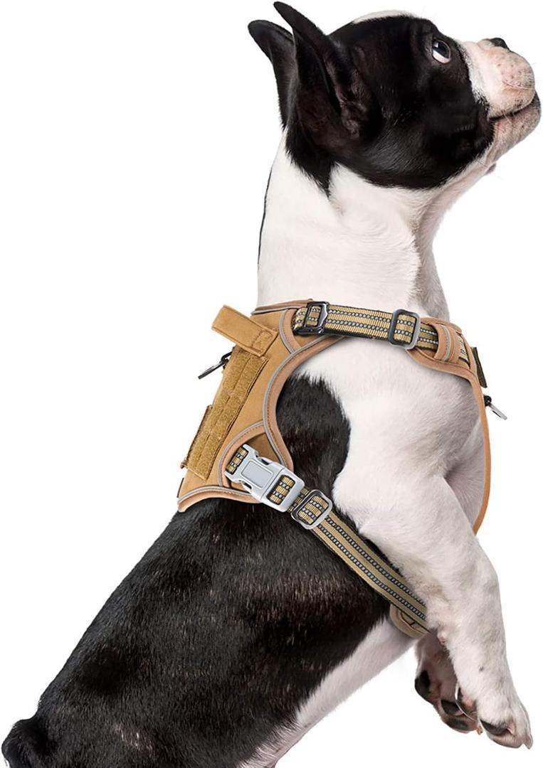 BUMBIN Dog Harness, Tactical XS, Brown, No Pull, Adjustable, Reflective, Soft Cotton, for Small Dogs Training, Fit Smart (S(Neck:10-12", Chest:12-21"))