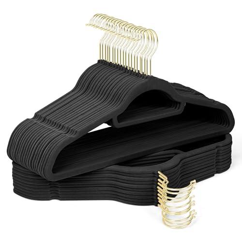 Sishynio Velvet Hangers 30 Pack with Gold Hooks, Non-Slip Slim Felt Hanger for Clothes, Space Saving Heavy Duty Flocked Hangers for Dresses, Coats, Pants(Black)