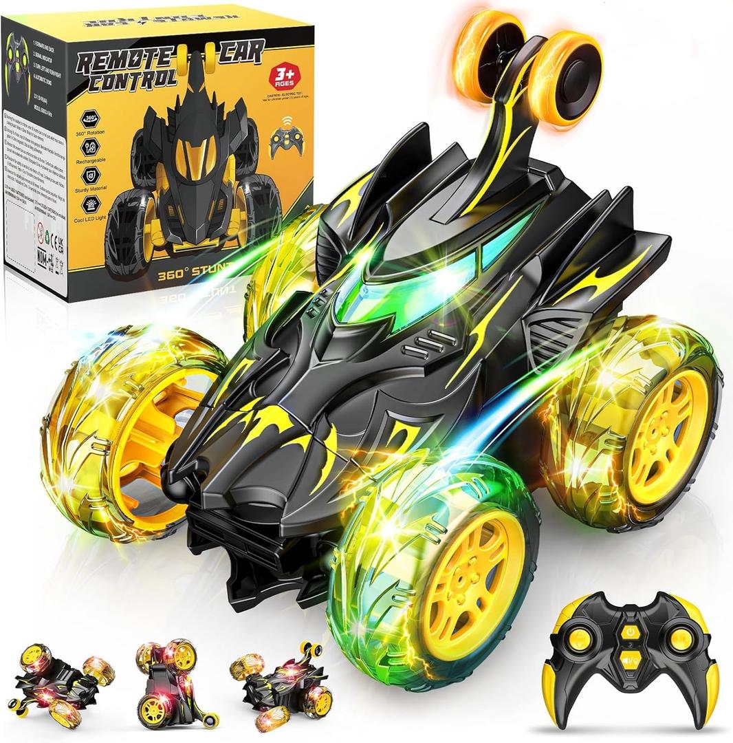 RC Cars Toys for Boys 3 4 5 6 7 8 9 10 Year Old, 360 Flip 4WD Remote Control Stunt Car Kids Toys Indoor Outdoor All Terrain RC Car Christmas Birthday Party Gifts for Kids Boys Age 3-5 4-6 5-7 6-8 (Yellow)