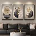 Large Framed Modern Elegant Wall Art for Living Room, 3 Piece Black and Gold Bright Luxury Prints Paintings, Contemporary Elegant Flower and Geometric Pictures for Bedroom Entryway Wall Decor 24x36 In