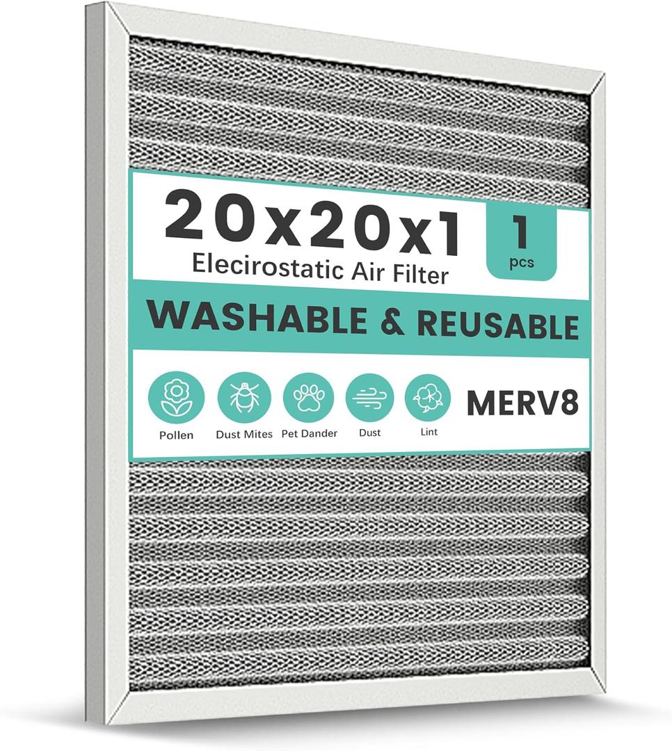 20x20x1 HVAC Furnace Air Filter, Washable Electrostatic Furnace Filter, MERV 8, Lasts a Lifetime, Breathe Fresher, Home And Office (Actual Size:19.75x19.75x0.82)