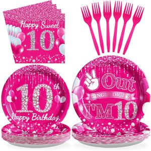 Grencian 96Pcs 10th Birthday Decorations for Girls Hot Pink 10th Birthday Party Plates Disposable Double Digits Paper Tableware for Girl 10 Year Old Happy Birth-day Party Supplies, Serves 24