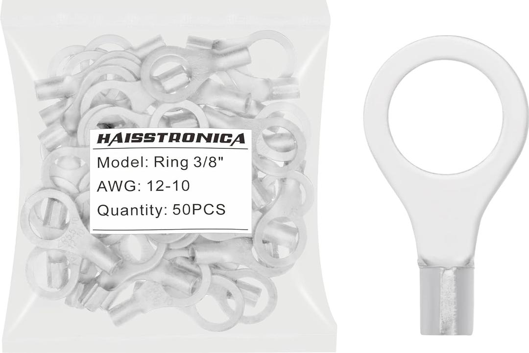 haisstronica Non-Insulated Wire Connectors,50pcs 3/8" Ring Terminals,AWG 12-10 Brazed Seam Copper Kit