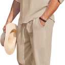 COOFANDY Men's 2 Pieces Cotton Linen Set Long Sleeve Henley Shirts Casual Beach Pants With Pockets Summer Yoga Outfits (Large, Light Khaki)