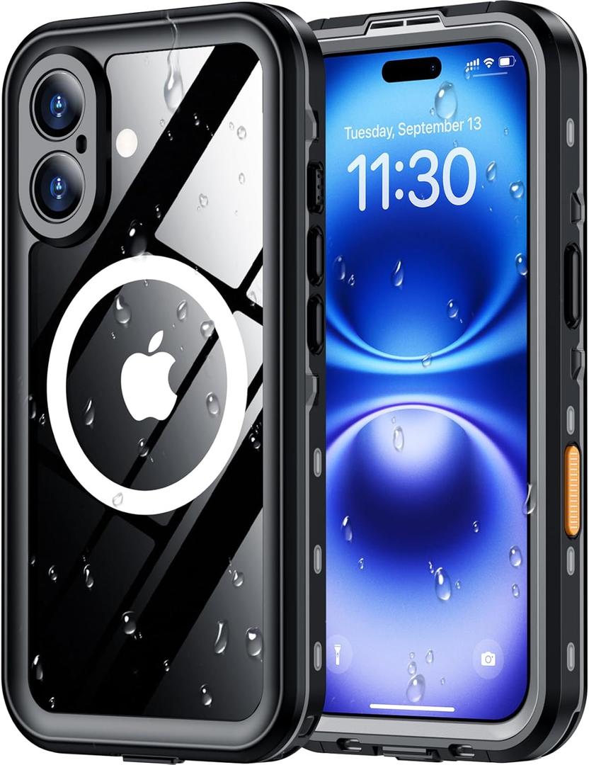 Red2Fire for iPhone 16 Case Waterproof, [Built-in Screen Protector & Camera Protector][Compatible with MagSafe][Full Body Shockproof][IP68 Waterproof][Dustproof] Phone Case 6.1" Black/Clear