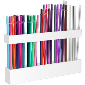 9.5” Large Acrylic Straw Holder for Cabinet Door - Reusable Tumbler Straw Organizer Storage, Small Kitchen Accessories Container, Ultra Sticky Cupboard Door Mounted (White)