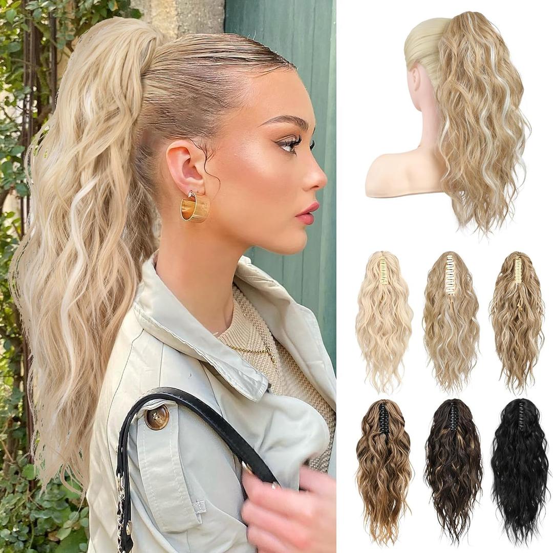 LONAI Ponytail Extension, 18" Wavy Claw Clip Ponytail Extensions Shoulder Length Curly Wavy Claw Clip in Ponytail Hair Extensions Synthetic Fake Pony tails Hairpieces-Golden Blonde White Blonde