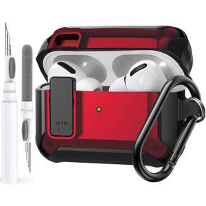 for Airpods Pro 3 Case with Lock Clip, Rugged Apple Airpods Pro 3rd Generation Cover 2025 Men Women, Armor Shockproof iPod Pro3 Gen Protective Hard Shell with Carabiner&Cleaner kit, Black/Red