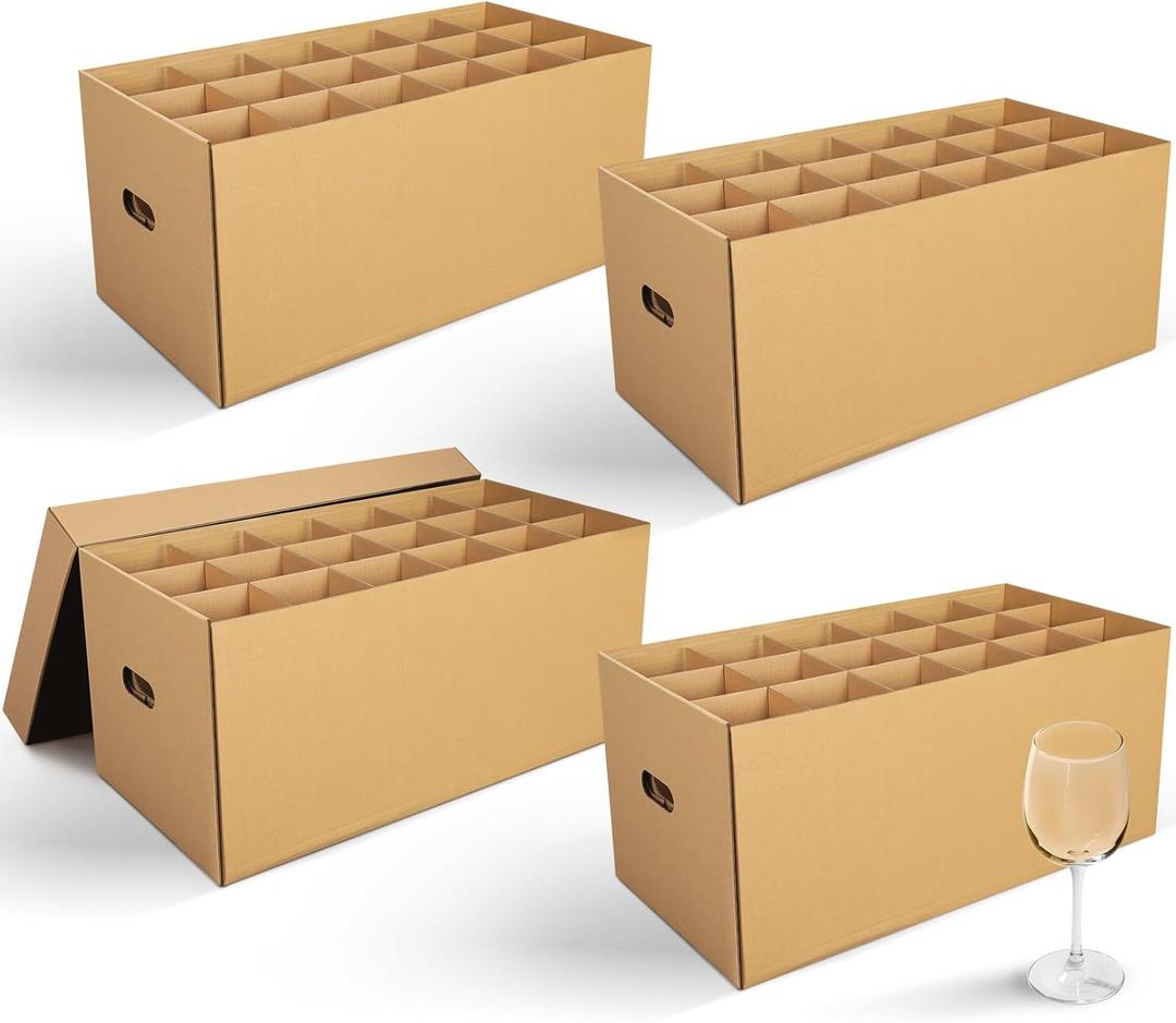 Feifeiya 4 Pack Wine Glass Moving Boxes Kitchen Moving Boxes with Handle Kitchen Kit with Lid for Dish Glassware (Brown,24 x 12 x 11 Inches)