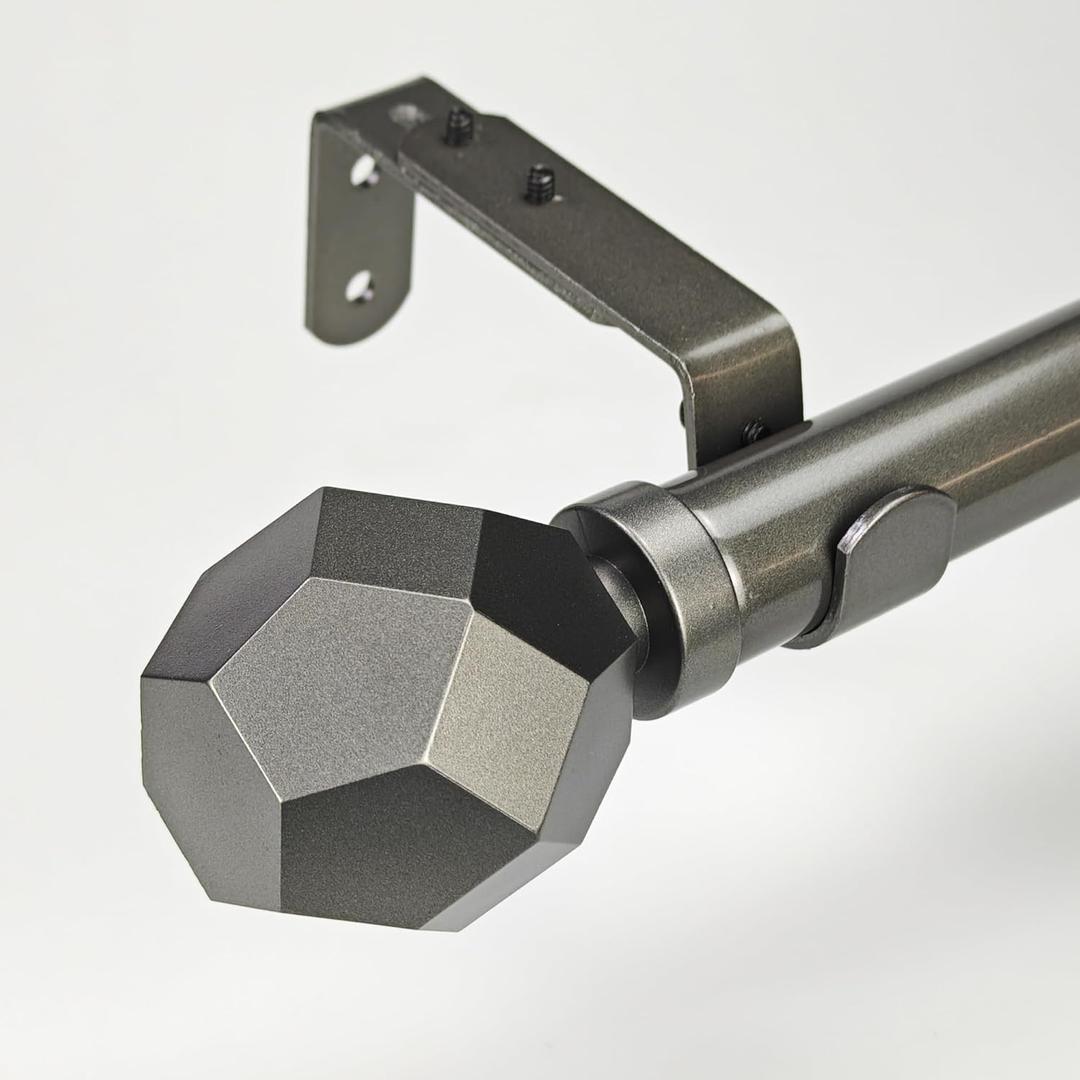 1-1/8 Inch Diameter Burnished Silver Curtain Rod with Geometric Faceted Finials, 36-72'' Telescoping Single Curtain Rods for window width 24-68 inch, 1 pack