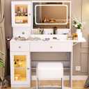 Makeup Vanity Desk with Lights, Makeup Vanity Desk with Mirror and Lights 3 Colors, Vanity with Stool and Power Outlet, White Vanity Set with 2 RGB Tempered Cabinets, Dressing Table for Bedroom(White)