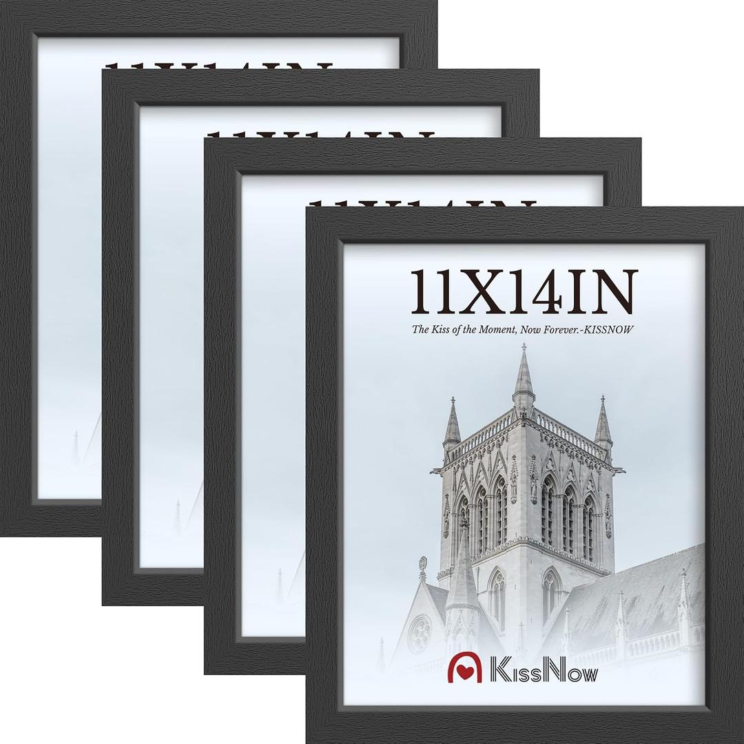 11x14 Picture Frame 4 Pack, Black Wood 14x11 Frame, Tempered Glass, Vertical or Horizontal Wall Display for Photos & Art Prints