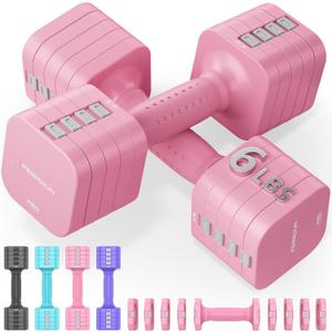 FEIERDUN DB3 5-in-1 Adjustable Dumbbell Set of 2, 12LBS/20LBS Hand Weights for Women, Men, 1s-Adjust Dual-Stable Dumbbell Set for Women Home Gym & Outdoor (B-Cute Pink)