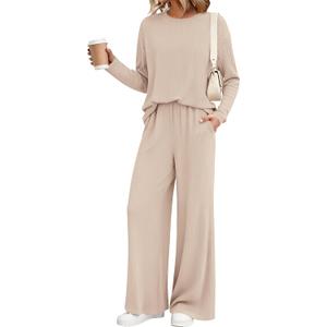 KIRUNDO Spring 2 Piece Lounge Sets for Women Long Sleeve Ribbed Knit Tops Wide Leg Pants Matching Travel Outfits Postpartum (Small, Beige)