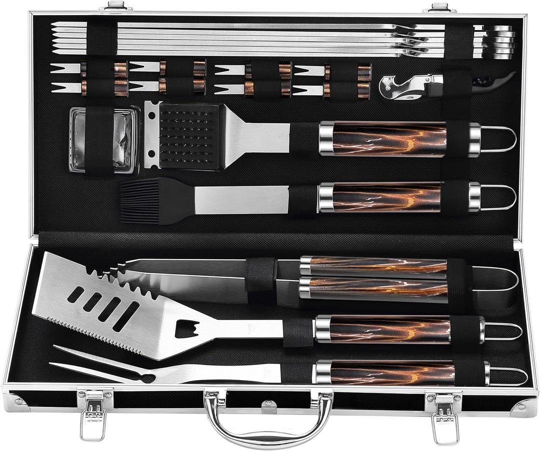 Grilljoy BBQ Accessories Grill Tools Set - 22PCS Stainless Steel Barbecue Grill Accessories for Outdoor Grill with Black Aluminum Case - Christmas Grilling Gifts for Men & Dad -Grill Tools Kit (Flamed Pattern)
