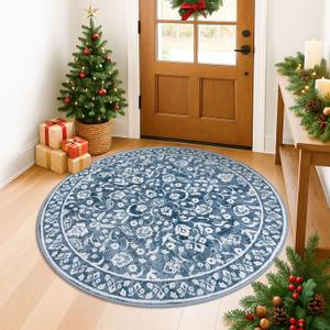 Blue and White Round Rug 5 Ft Rugs for Entryway Washable Circle Entrance Rug Non Slip Round Doormat Indoor Printed Faux Wool Round Front Door Mat Floor Carpet for Backdoor, Bedroom