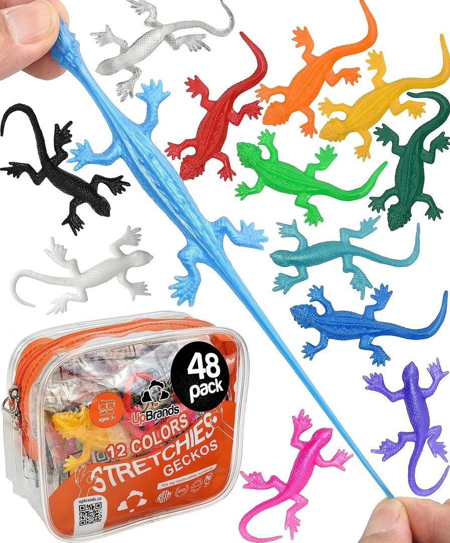 UpBrands 48 Super Stretchy Lizard Toys 3" Bulk Set, 12 Colors, Gecko Kit for Birthday Party Favors for Kids, Goodie Bags, Easter Egg Basket Stuffers, Pinata Filler, Classroom Prizes (Multicolor)
