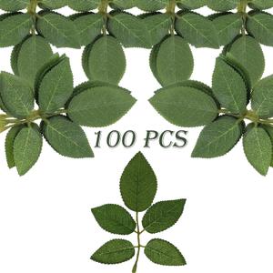 100 Pcs Artificial Flowers Green Leaf Bulk Faux Greenery Silk Fake Rose Leaves Bouquet Garland Wreath Floral Arrangement Supplie DIY Craft (1 Stem with 5 Large-Leaf Green)