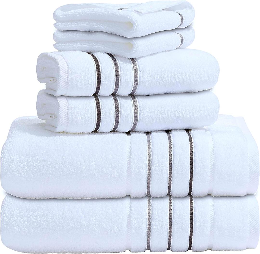 Bath Towels Set for Bathroom Luxury 6-Piece Cotton Towels, Soft Absorbent & Quick Dry, 600 GSM Bath Towels for Bathroom, Hotel Spa Quality (2 Bath, 2 Hand, 2 Washcloths, White Grey Stripe)