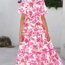 PRETTYGARDEN Women Summer Boho Maxi Dresses 2025 V Neck Puff Short Sleeve A-Line Flowy Tiered Floral Wedding Guest Dress (Pink, M)