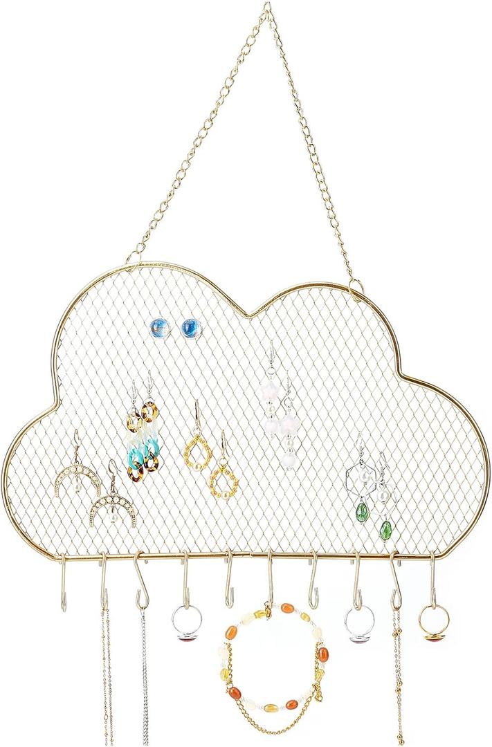 PH PandaHall Wall Jewelry Organizer, Stud Earring Holder Hanging Necklace Bracelet Display Stand with 10 Hooks Decorative Cloud Organizer for Necklaces Bracelets Small Grid for Stud Earring