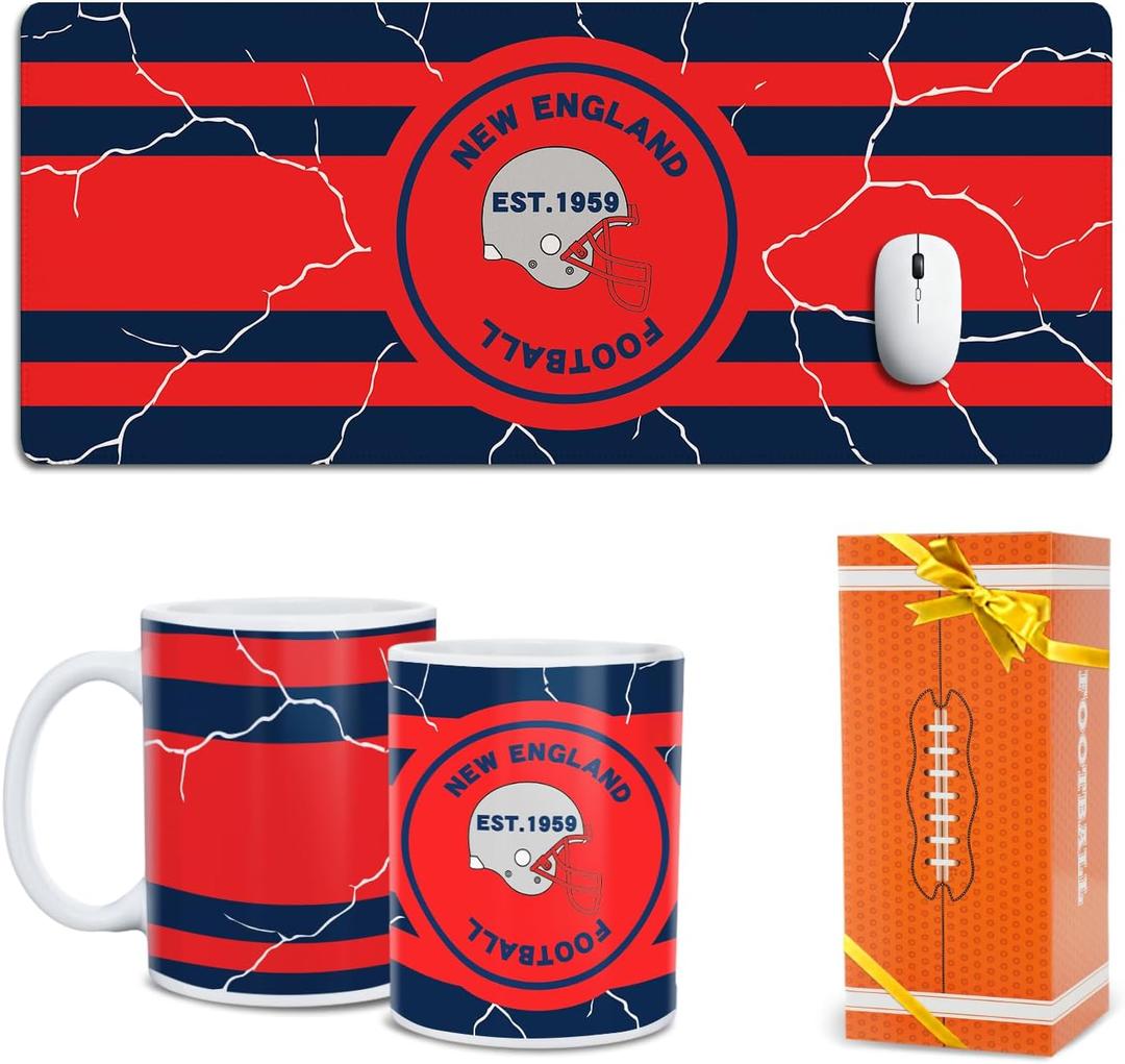 Football Fan Coffee Mug Cup and Large Mouse Pad Set New England Themed XXL Desk Mat Merch Shop Men Women Sport Stuff Gear Apparel Patriot Team Decor Dad Boyfriend Bf Birthday Cool Christmas Xmas Gift