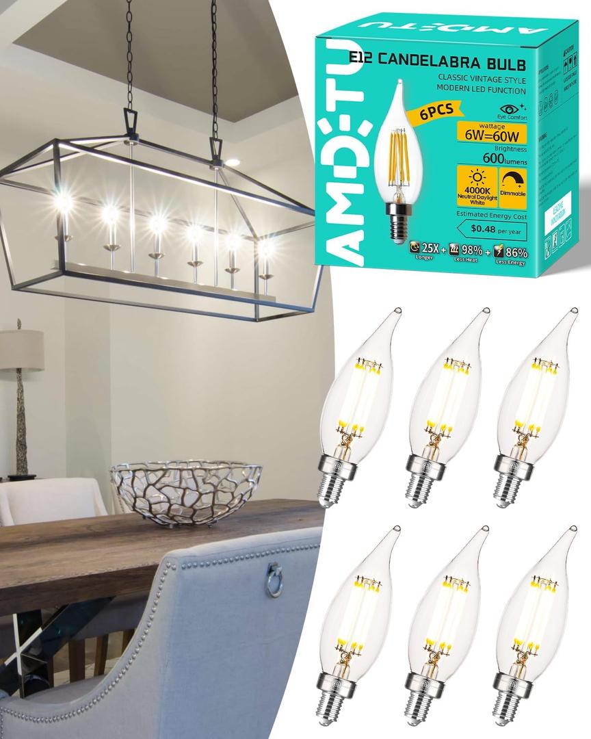 AMDTU E12 60 Watt Equivalent LED Candelabra Bulb CA10 Candle 4000K Daylight Dimmable Small Base Chandelier Light, Ideal for Dining Rooms, Living Rooms, and Porches, Long-Lasting Cozy Indoor Light (Clear Glass 6w=60w 4000k Daylight White)