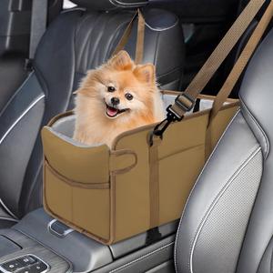 Portable Dog Car Seat for Small Dogs - Adjustable Safety Leash, Washable Cushion & Storage Pocket - Pet Booster Seat for Car Travel- Khaki