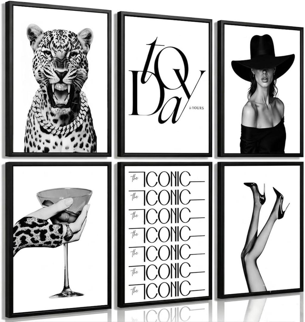 6Pcs Black White Trendy Leopard Wall Art Fashion Woman Cheetah Wall Decor Prints Long Legs High Heels Pictures Paintings Vintage Martini Artwork for Living room Home Decoration 12x16in Unframed