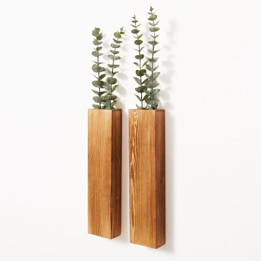 2-Pack Wood Wall Planters with 4 Removable Faux Eucalyptus Stems - Modern Farmhouse Wall Decor for Living Room, Bedroom, Bathroom - Wooden Wall Vases and Fake Eucalyptus for Home Office Decor