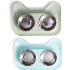 Cat Food Ant Barrier Bowl Tray, 2-Pack Two Colors Ant Proof Cat Food Bowls with Water Moat Design, 304 Stainless Inserts, 360 Bowl Stand Feeding Station, Easy-Clean Tray, Indoor/Outdoor