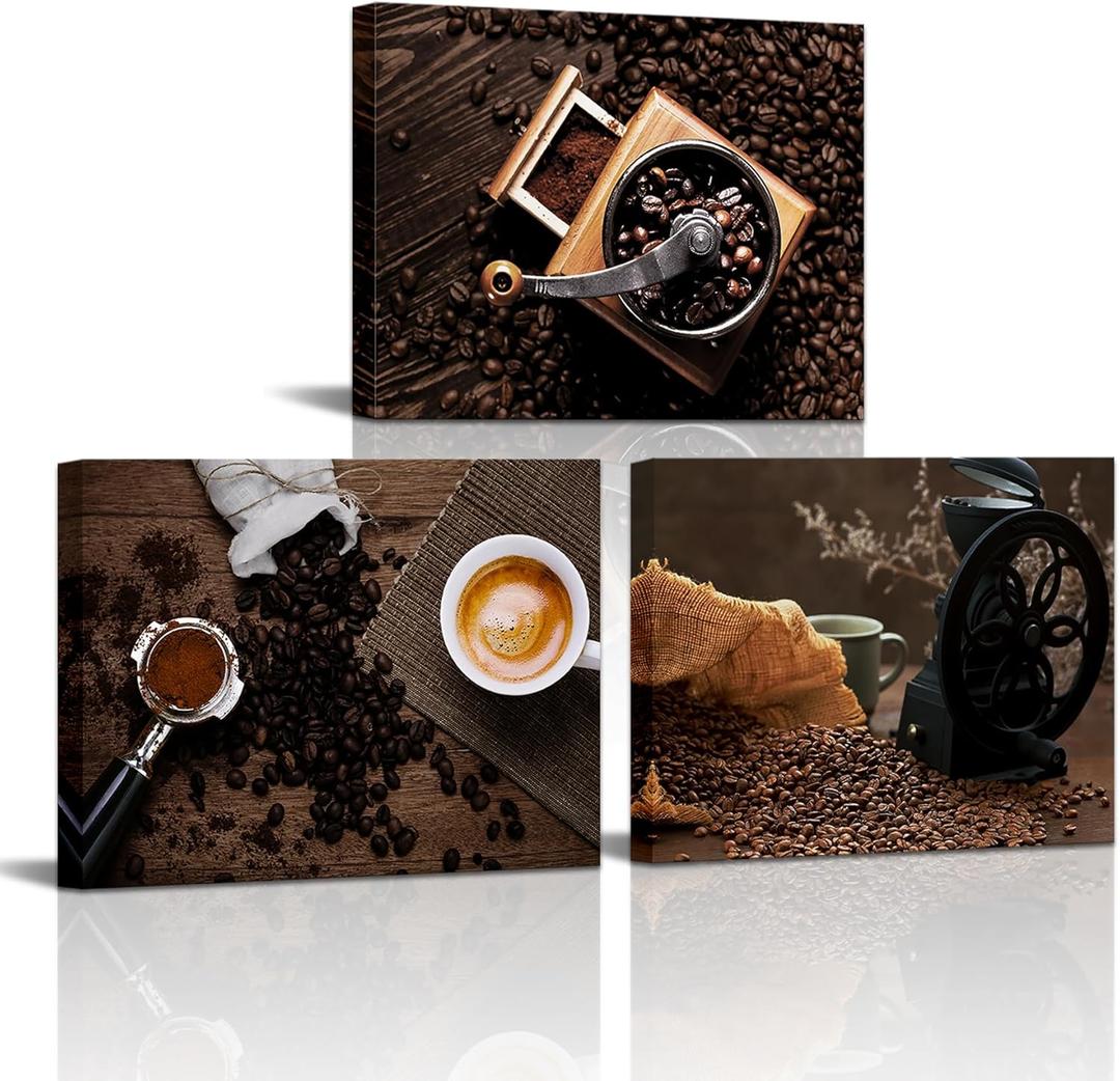 Sepwrol Vintage Coffee Theme Canvas Wall Art Brown Coffee Bean and Hand Grinder Coffee Machine Prints Printing Artwork for Kitchen Dining Room Cafe Bar Wall Decor 12"x16"x3