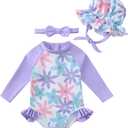 Renotemy Baby Girls Swimsuit Summer Infant Girl Bathing Suit Zipper Long Sleeve One-Piece Rash Guard Swimwear with Hat 3M-3Y