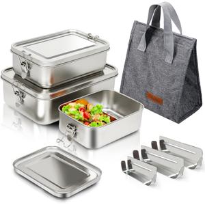 304 Stainless Steel Bento Box 3 Pack Stainless Steel Containers With Lids 81oz/47oz/29oz, Leak-Proof & Stackable Storage Stainless Steel Food Storage Containers for Soup Salad Leftover (2400m+1400ml+850ml)