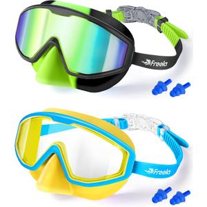 Freela 2 Pack Kids Swim Goggles for 3-12 with Nose Cover, 180 Wide View Anti-Fog UV Swimming Goggles for Toddler Boys Girls