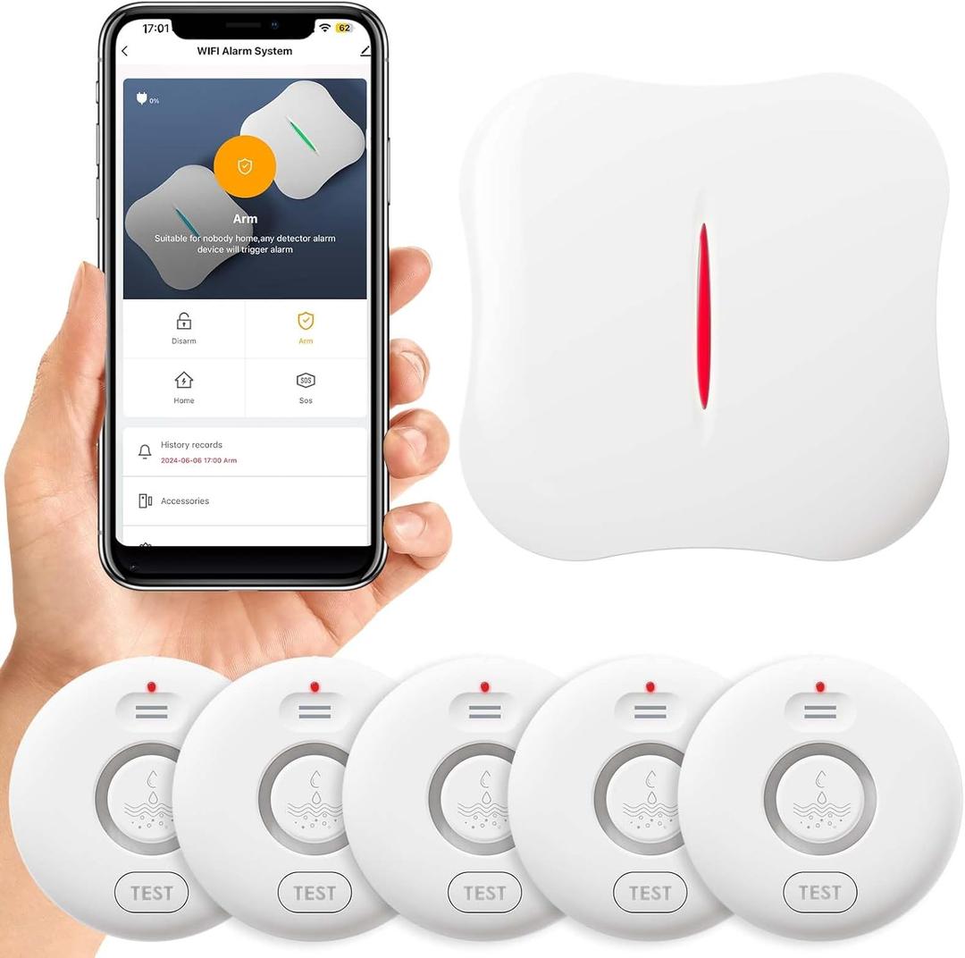 WiFi Water Leak Detectors 5 Pack, 120dB Adjustable Loud Water Leak Sensor, Wireless WiFi Water Leak & Drip Alarm, App Alerts, 5 Water Alarm Sensors & 1 Hub for Home Kitchen, Bathroom, Sink, Laundry