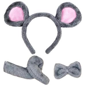 DALJIAFA Halloween Mouse Ears Headband Bow Tie Tail Mouse Hair Hoops Bands Bowtie Women Animal Headpiece Hairband Christmas Cosplay Dress Up Masquerade Festival Parade Birthday Party Accessories Gray