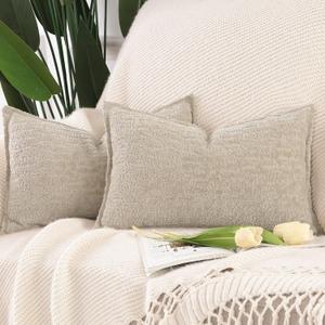 MADIZZ Pack of 2 Chenille Velvet Throw Pillow Covers 12x20 Inch Light Taupe Soft Neutral Decorative Throw Pillows Accent Boho Cushion Covers for Couch Sofa Modern Farmhouse Home Decor