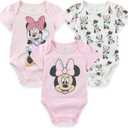 Disney Minnie Mouse Winnie the Pooh Lilo & Stitch Nightmare Before Christmas Girls 3 Pack Bodysuit for Newborn and Infants (3-6 Months, Pink)