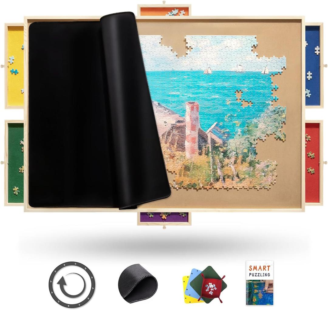 1500 Rotating Puzzle Board Pro, with 6 Drawers, Rubber Cover Mat, 34" x 25", 360 Lasy Susan, Sort-Wise Colorful Felt Drawers & 4 Trays, Wooden Jigsaw Puzzle Table, Birthday Gifts for Mom (Multicolor)