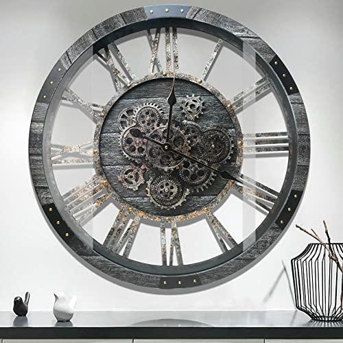 27" Real Moving Gears Large Wall Clock with Toughened Glass Cover, Giant Wood Farmhouse Clock, Oversized Vintage Industrial Rustic Clock for Living Room Decor Home Kitchen (Carbon Grey)