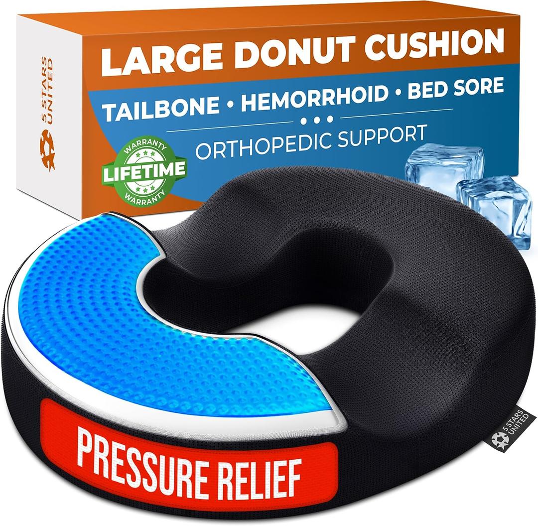 5 STARS UNITED Donut Pillow Hemorrhoid Tailbone Cushion Large Floor Cushion for Pain Relief Coccyx, Prostate, Sciatica, Pelvic Floor, Pressure Sores, Pregnancy, Postpartum Recovery, Arctic Black