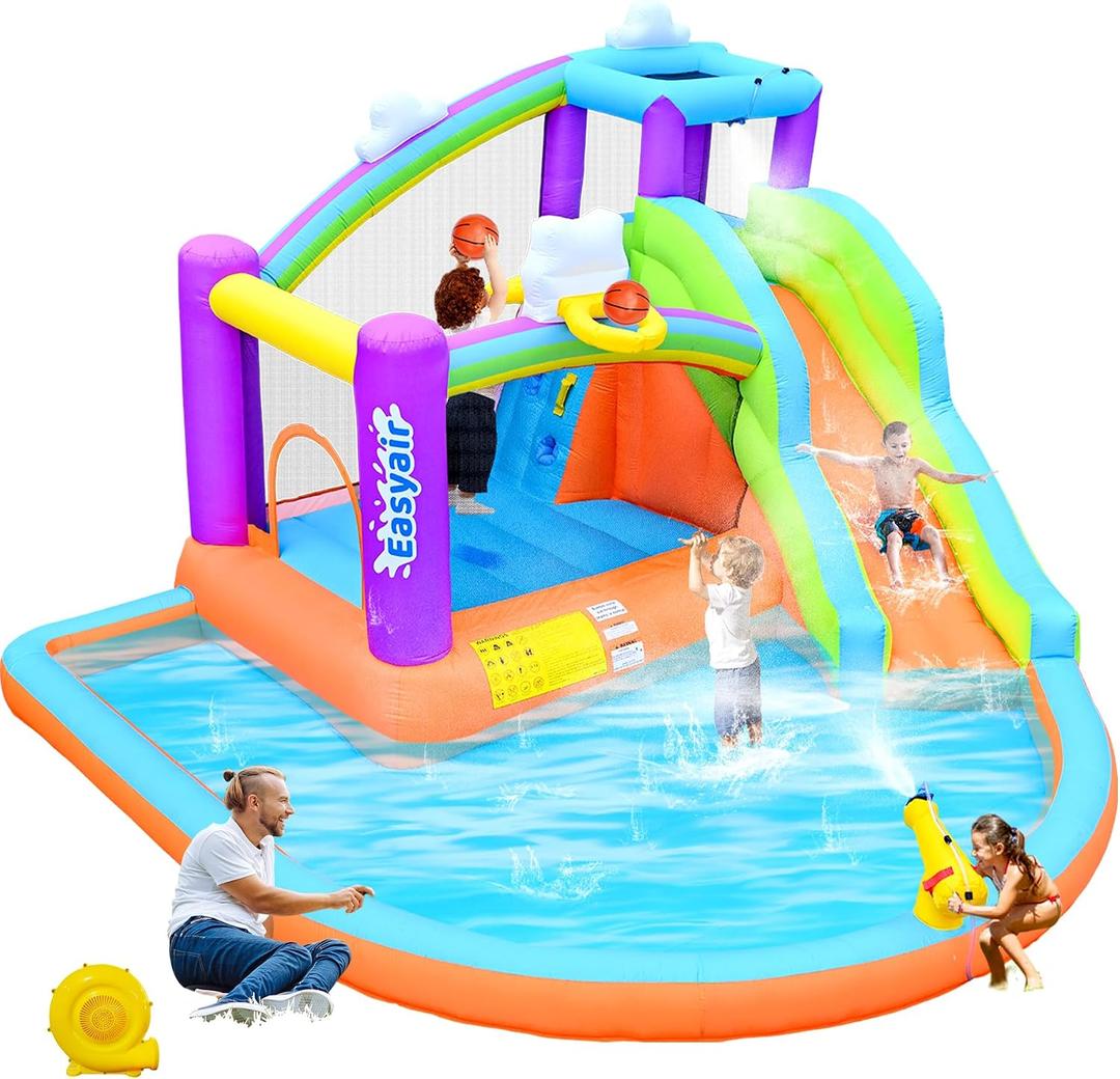 Inflatable Bounce House for Kids, 12.8 FT x 12 FT Water Slide Bouncy Castle, Rainbow Cloud Splash Pool, Jumper, Climbing Wall, 2 Basketball Hoops, Included Blower, 154" L x 144" W x 94" H