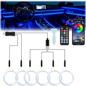 LivTee Smart Car LED Interior Lights with USB Port, LED Strip Fiber Optic Lights, Wireless App and Remote Control, Sync to Music, Car Accessories Gifts for Women and Men, 6 in 1