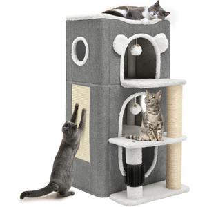 YITAHOME 3-Tier Cat House, Cat Beds for Indoor Cats, Modern Cat Condo with Highway Cave, Scratch & Itching Post, Climbing Stand, Cat Cube Playhouse for Multi Kittens, Grey
