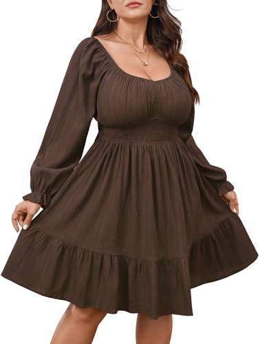 CICIDUDU Plus Size Mini Cocktail Dress for Curvy Women Long Sleeve Sweetheart Neckline Ruffle Hem Smocked Flowy Fall Dresses Brown  3XL