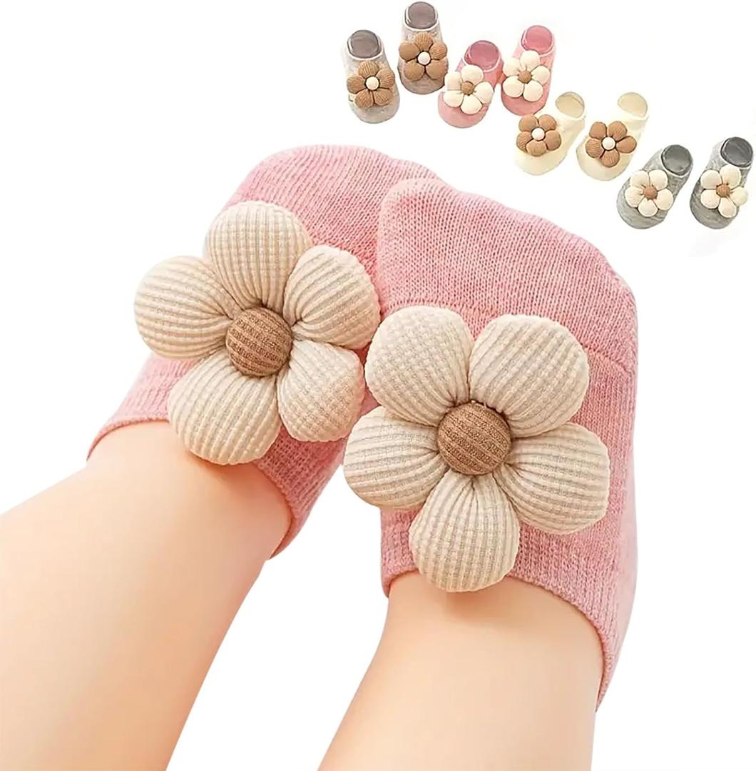 KEAINVRN 4Packs Baby Girls Socks,Flower Non-Slip Grips for Babies Toddler Princess Low Cut Ankle Socks for Girls