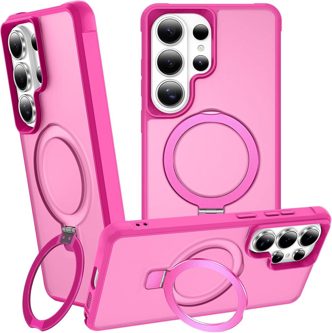 Magnetic Stand for Samsung Galaxy S26 Ultra Case, Hot Pink | 10FT Certified Drop Protection, with Ring Kickstand, Matte Translucent Slim Cover