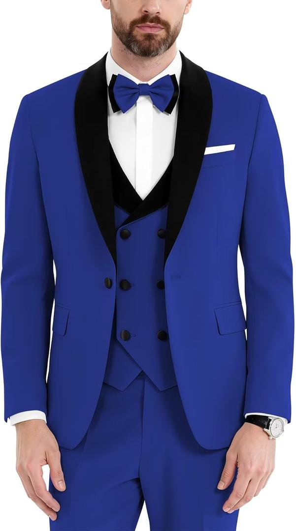 Men's Tuxedos 3 Piece Suit Set Slim Fit Double Breasted Suit Men Wedding Prom Tuxedo with Bow (Royal Blue)