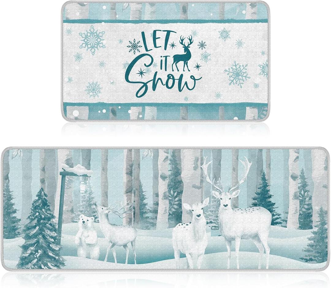 Ceenna 2 Pcs Winter Kitchen Rugs and Mats Set Snowflakes Let It Snow Reindeer Holiday Sink Floor Mat Kitchen Bathroom Xmas Tree Floor Decor for Home, 17 x 30, 17 x 47 Inch
